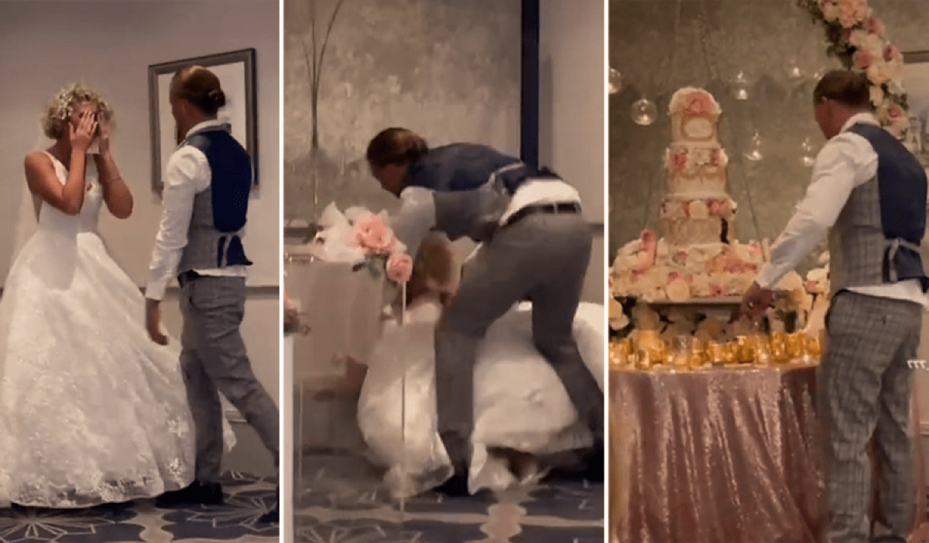 groom smashing wedding cake